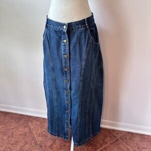 Vintage Modest Boho Denim Maxi Skirt Western Prairie Minimal Women 10 Blue